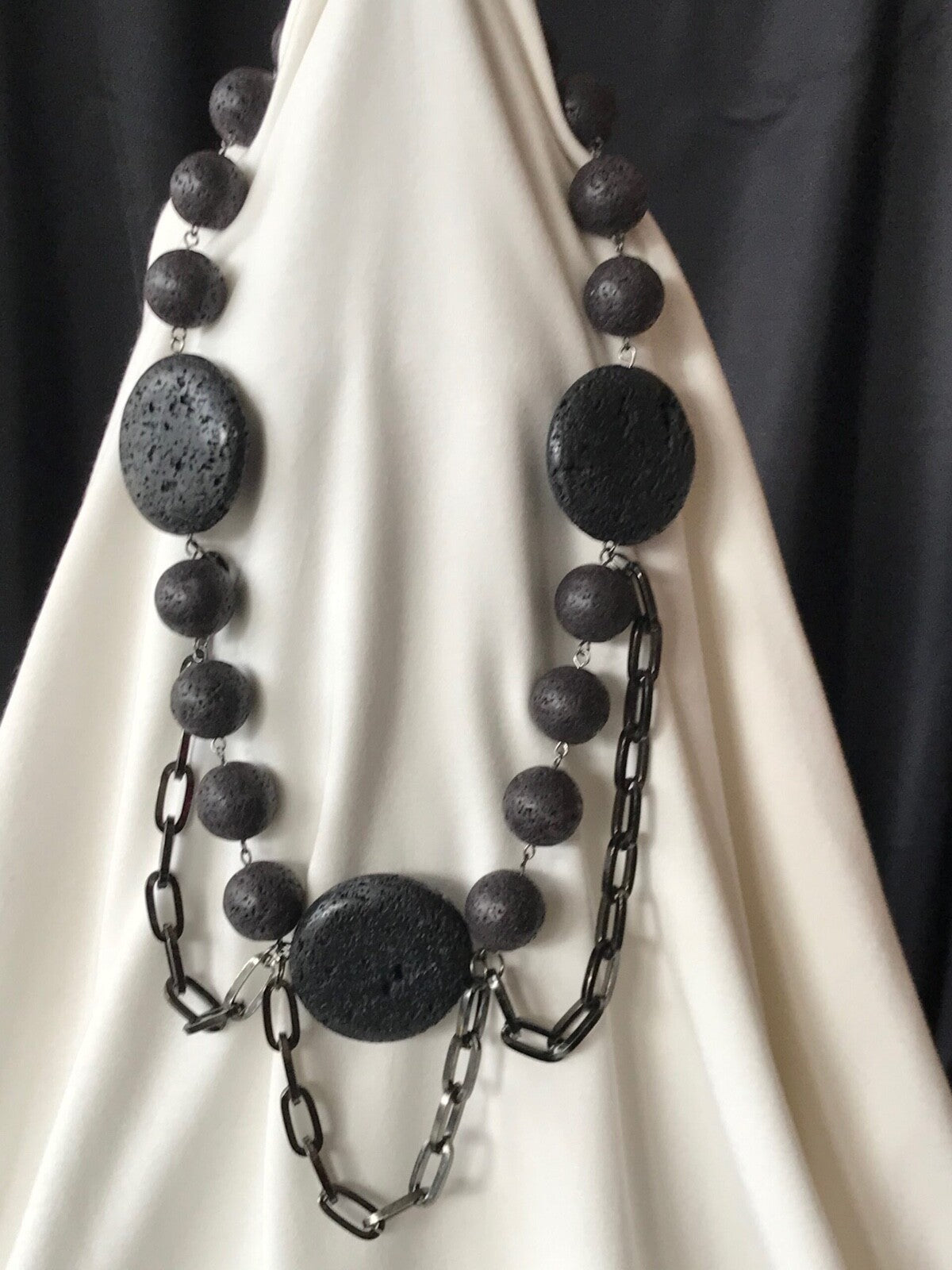 Black Lava Coin and Round Beads Necklace