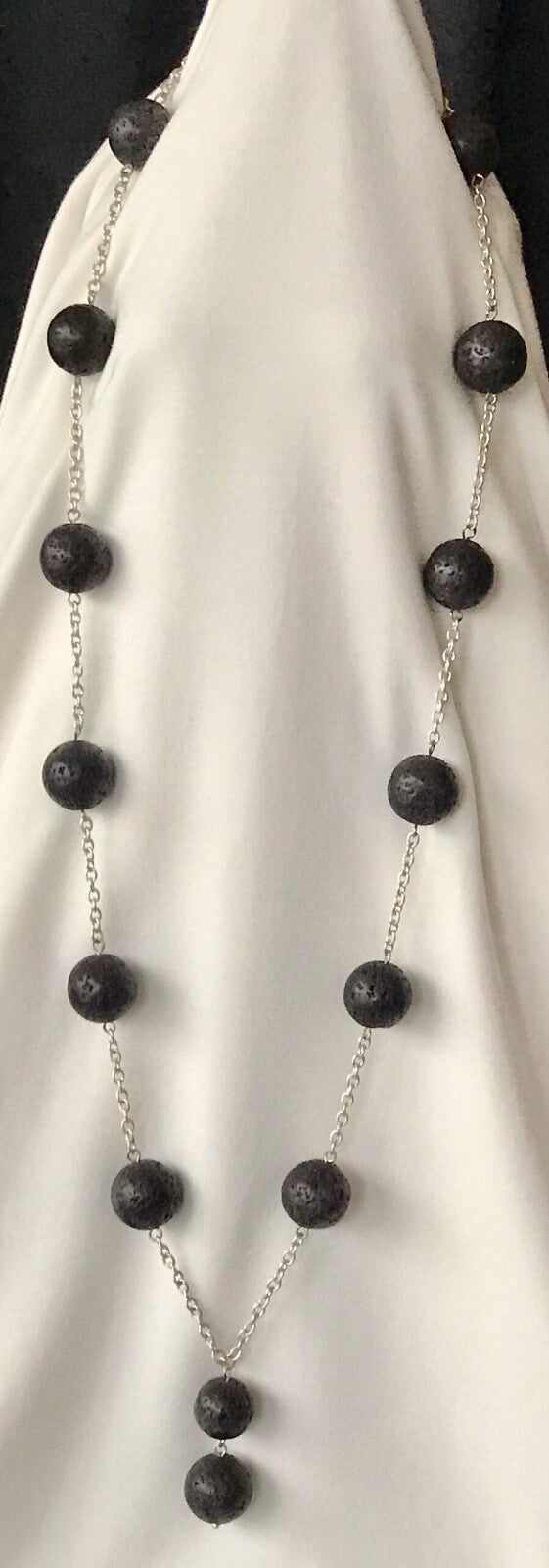 Black Lava Silver Chain Drop Necklace