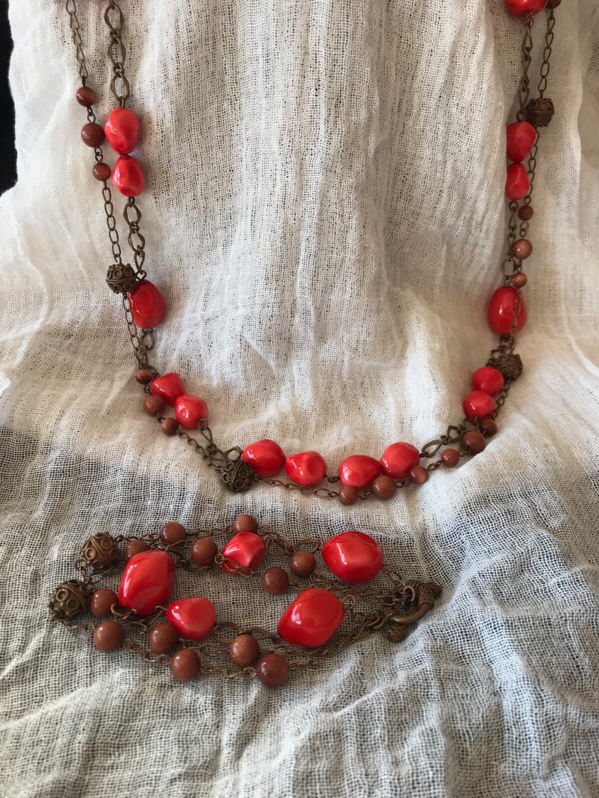 Orange Mother of Pearl and Copper Bali Beads Necklace