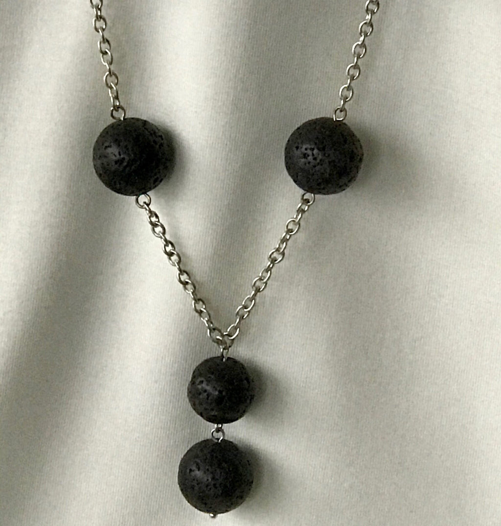 Black Lava Silver Chain Drop Necklace