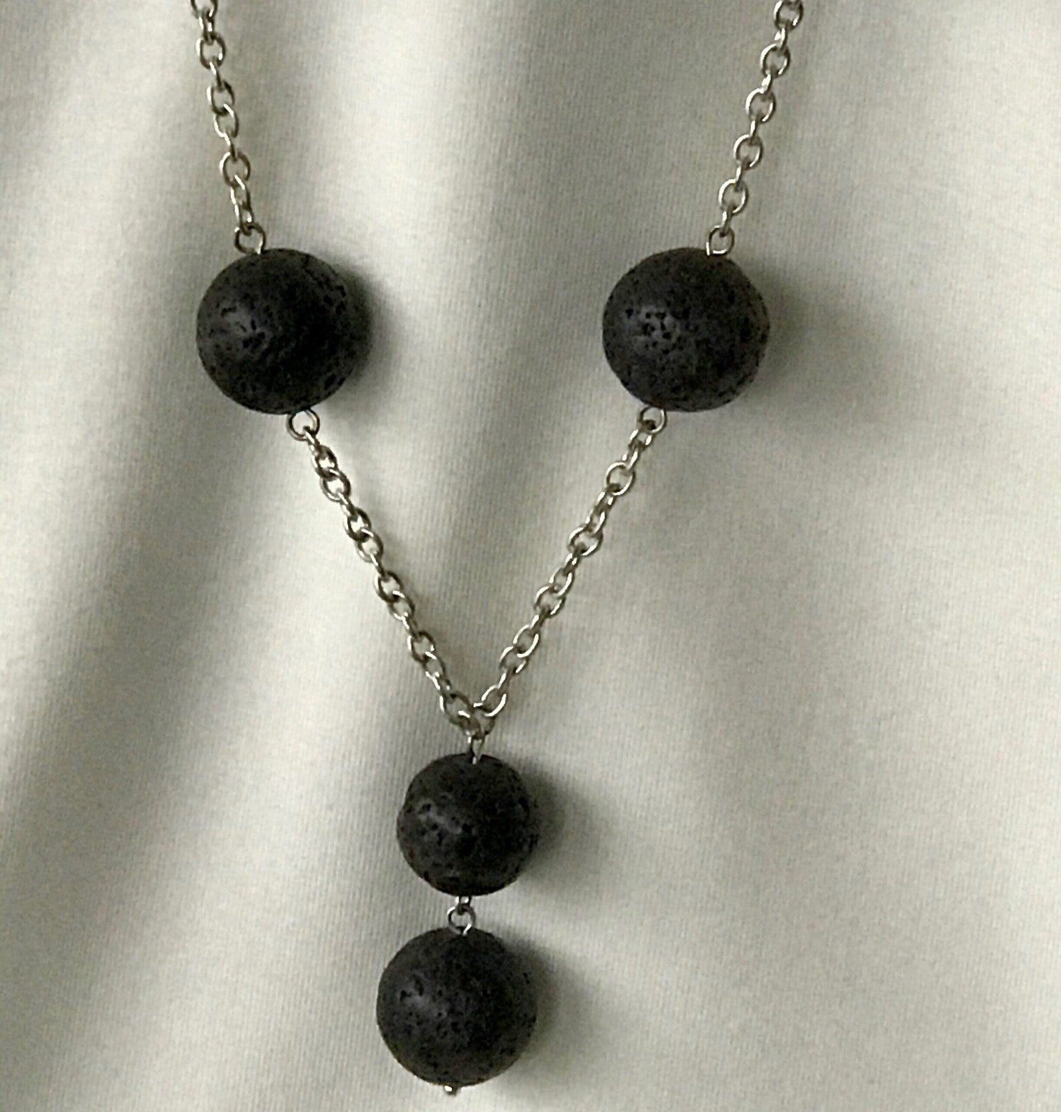 Black Lava Silver Chain Drop Necklace