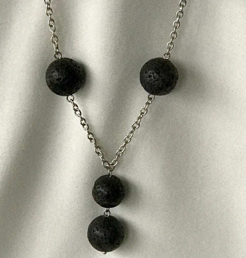 Black Lava Silver Chain Drop Necklace