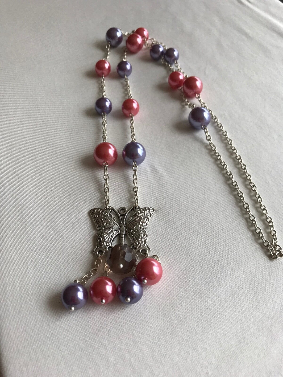 Butterfly Chain Necklace with Purple & Pink Glass Beads.