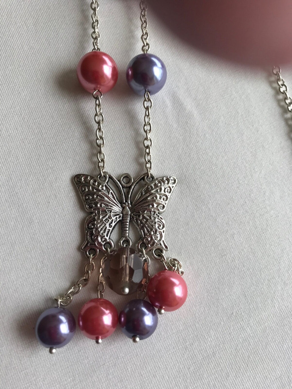Butterfly Chain Necklace with Purple & Pink Glass Beads.